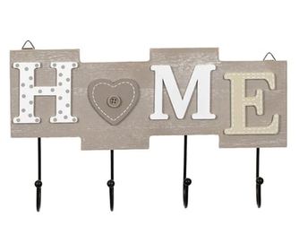 Закачалка за стена Home, 4 куки, Дърво, Метал, 28х16,5 см, Сив