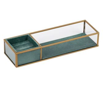 Органайзер за бижута, 2 отделения, Стъкло, Метал, Полиестер, 28x9x5см, Прозрачен/Зелен