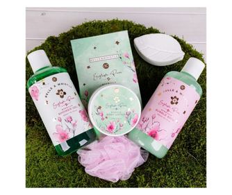 Set de baie 300ml gel de dus, 300g saruri de baie, 110ml lotiune de corp, 60g fizzer de baie, burete cu aroma de pere si vanilie