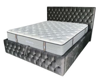 Pat tapitat Sani Relaxico Alya, 160 x 200 cm, gri inchis, cu somiera metalica rabatabila si spatiu de depozitare,