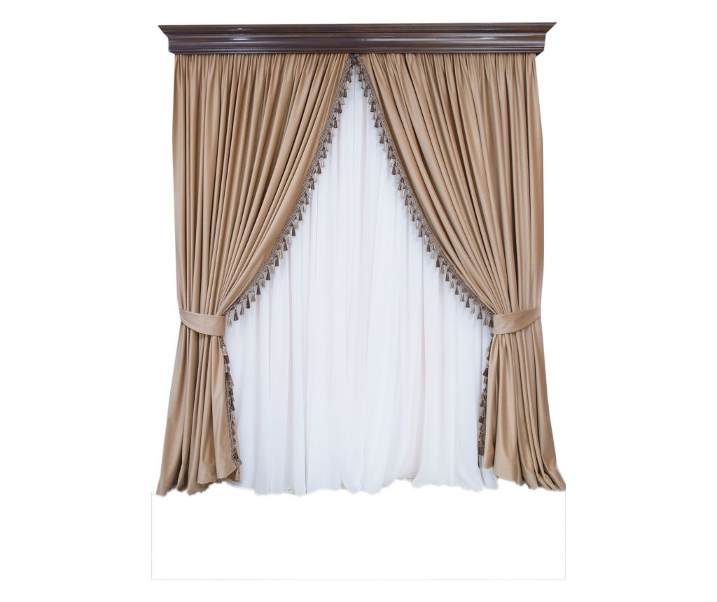 Set od 2 baršunastih zavjesa s trakom, zlatno bež, poluprozirne, s dodacima 140x250 cm