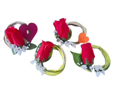 Set coronite decorative, Handmade, De primavara, Cu inimioare, trandafir si lacramioare, 10x10 cm, 4 bucati, Rosu, Verde crud
