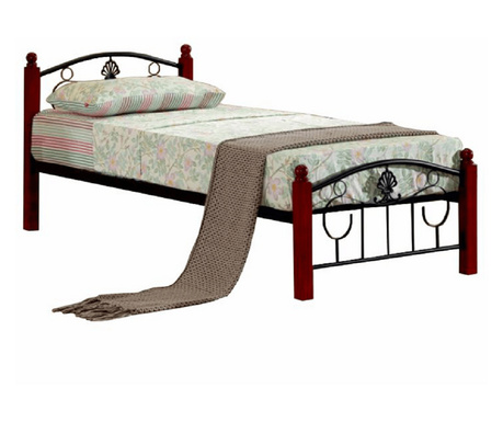 Škrlatna postelja iz kovine in hrastovega lesa 90x200 cm