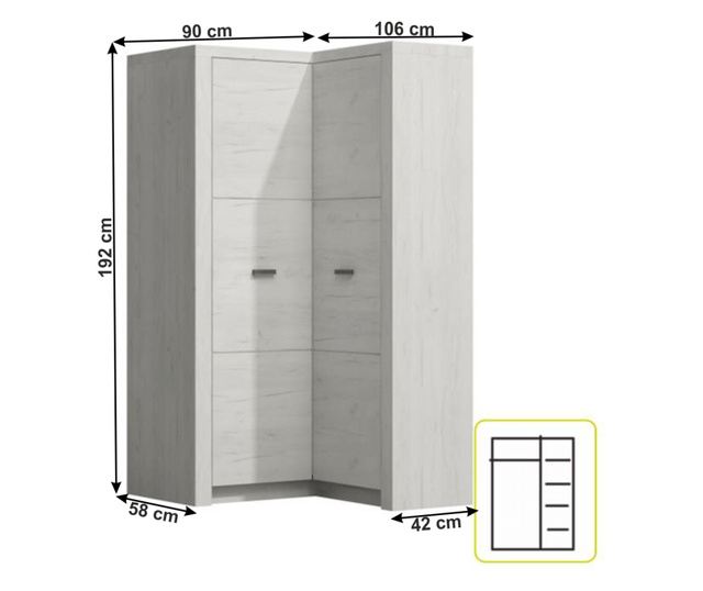 Sarokszekrény 2 ajtós halvány hamuszfehér Infinty 90/106x192x58/42 cm