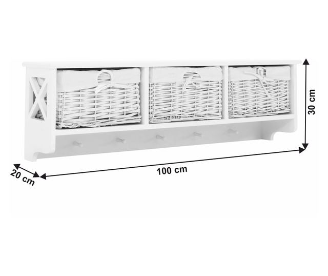 Függesztett fapolc 3 kosár fehér Rafaello 100x30x20 cm