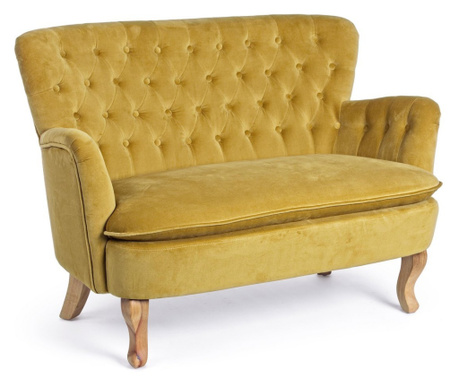 2 személyes kanapé sárga bársony kárpittal és természetes fa lábakkal Orlins 114 cm x 69 cm x 79 hx 44 h1 x 59 h2