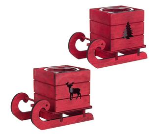 Set od 2 svijećnjaka od crvenog drva i stakla model Sleigh 16x9x12 cm
