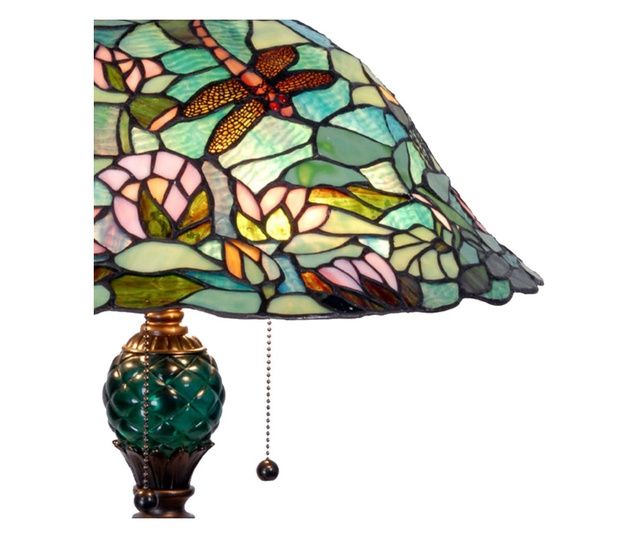 Лампа с кафява основа от полирезин и зелен стъклен абажур Tiffany Ø 47 cm x 60 h