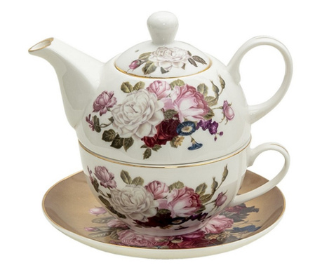 Комплект чайник с порцеланова чаша розова флорална декорация 17x10x14 см
