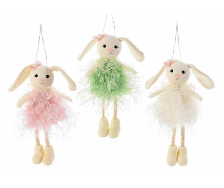 Комплект от 3 висящи фигурки на зайци от розово зелен кремав плат 6х14см