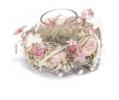 Coronita de masa decorata cu oua roz si suport lumanare 15x10 cm