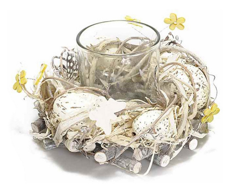 Coronita de masa decorata cu oua albe si suport lumanare 15x10 cm