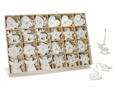 Set 144 ornamente brad din lemn alb auriu 6x6 cm