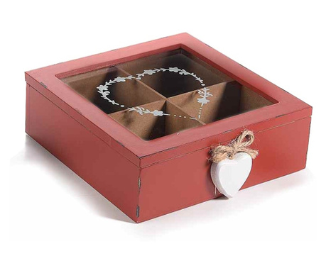 Vintage škatla za čaj iz rdečega lesa s 4 predelki 19 cm x 18 cm x 6 h