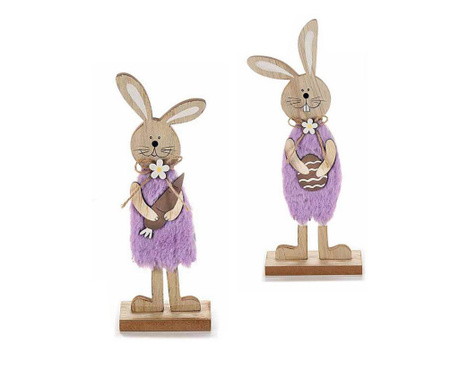 Set 2 figurine iepurasi din lemn si textil mov 13x5x32 cm