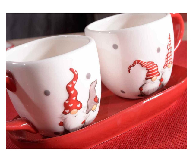 Комплект 2 чаши с поднос в червено бяла керамика модел Дядо Коледа 7х6 см