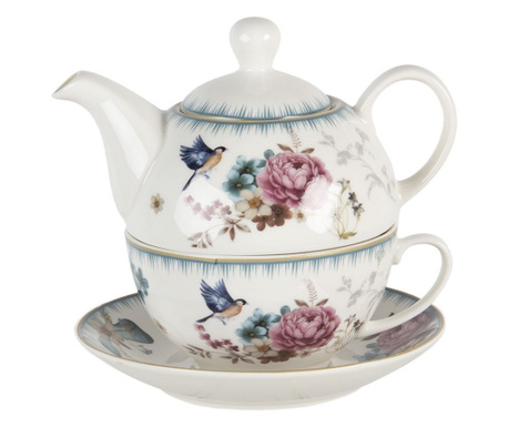 Set čajnikov s porcelanasto skodelico, roza modra cvetlična dekoracija Ø 16 cm x 15 cm x 15 h / 0,46 L