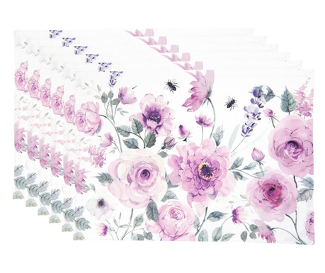 Комплект от 6 памучни поставки за чинии бели розови рози 48x33 см