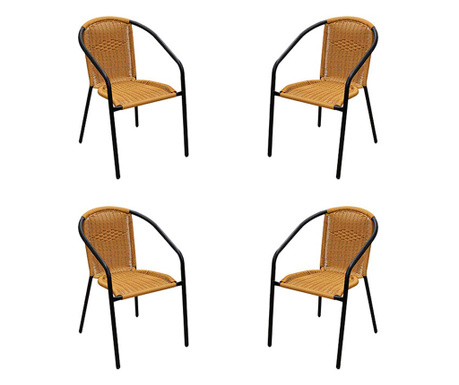 Raki Torres Bistro Set 4 scaune cu brate cafenea, poliratan maro, cadru metalic negru, 56x56xh72cm