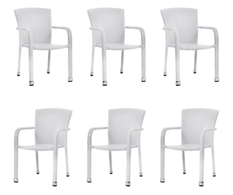 Raki Palmar Set 6 scaune gradina/terasa cu brate, ratan sintetic, cadru aluminiu, albe, 56x56xh82cm