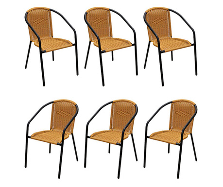 Raki Torres Bistro Set 6 scaune cu brate cafenea, poliratan maro, cadru metalic negru, 56x56xh72cm