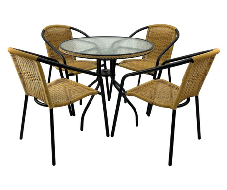 Raki Set mobilier balcon/gradina, masa rotunda D80cm cu blat sticla, 4 scaune Torres poliratan maro cu cadru metalic negru