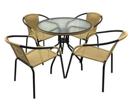 Raki Set mobilier balcon/terasa, masa rotunda D80cm cu blat sticla, 4 scaune Torres poliratan bej cu cadru metalic negru