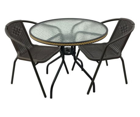 Raki Set mobilier balcon, masa rotunda D80cm cu blat sticla, 2 scaune Campman plastic maro textura ratan si cadru metalic