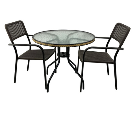 Raki Set mobilier balcon, masa rotunda D80cm cu blat sticla, 2 scaune Campman din plastic maro cu cadru metalic negru