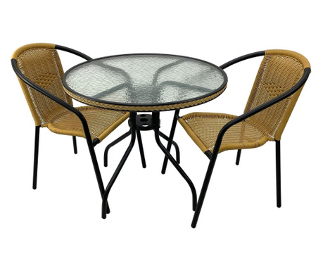 Raki Set mobilier balcon/gradina, masa rotunda D80cm cu blat sticla, 2 scaune Torres poliratan maro cu cadru metalic negru