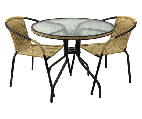 Raki Set mobilier balcon/terasa, masa rotunda D80cm cu blat sticla, 2 scaune Torres poliratan bej cu cadru metalic negru