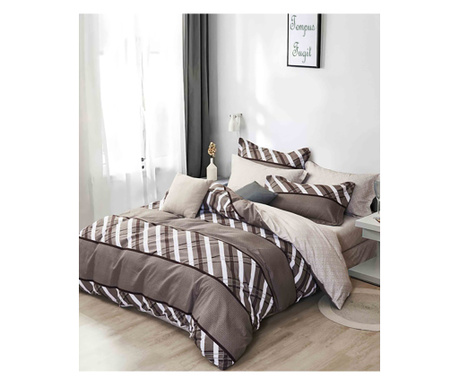 Lenjerie de pat pentru o persoana cu husa elastic pat si 2 fete perna dreptunghiulara, Brauron, bumbac mercerizat, multicolor