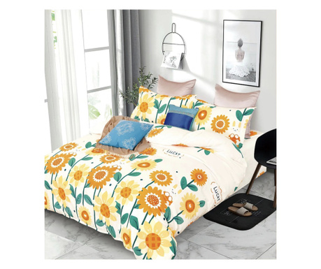 Брачно спално бельо с еластична покривка и квадратна предна част на възглавницата, Илиотропио, мерсеризиран памук, многоцветно,