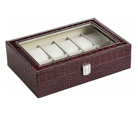 Cutie caseta eleganta depozitare Pufo cu compartimente pentru 12 ceasuri, imprimeu crocodil, maro inchis