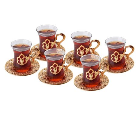 6 db-os török teáspohár készlet csészealjjal, 100 ml x 6, Ø6xh8,5 cm / Ø10,5xh1,5 cm, EHA - Golden