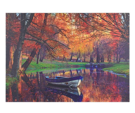 Картина Home, Есенен пейзаж на лодка по езеро, Плат, Дърво, 70х50х1,5см, Кафяв