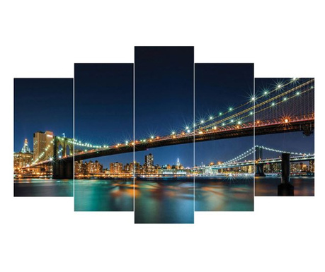Картина Home, 5 части, Бруклинския мост, Плат, 100х60х1 см, Син