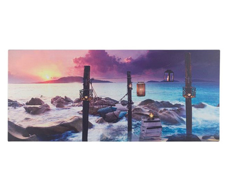 Картина Home, Морски пейзаж с фенери, Светлина, Плат, Дърво, 70х30х1,5см, Син