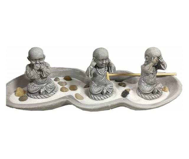 Set decorativ Zen cu suport pentru lumanari si betisoare parfumate cu 3 statuete Buddha, Nu vad, Nu aud, Nu vorbesc, gri
