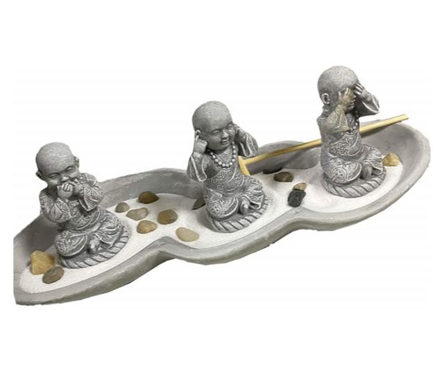 Set decorativ Zen cu suport pentru lumanari si betisoare parfumate cu 3 statuete Buddha, Nu vad, Nu aud, Nu vorbesc, gri