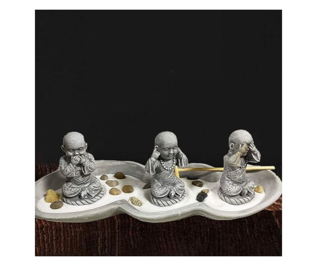 Set decorativ Zen cu suport pentru lumanari si betisoare parfumate cu 3 statuete Buddha, Nu vad, Nu aud, Nu vorbesc, gri