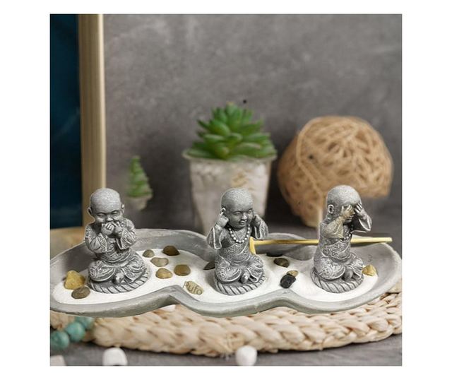 Set decorativ Zen cu suport pentru lumanari si betisoare parfumate cu 3 statuete Buddha, Nu vad, Nu aud, Nu vorbesc, gri