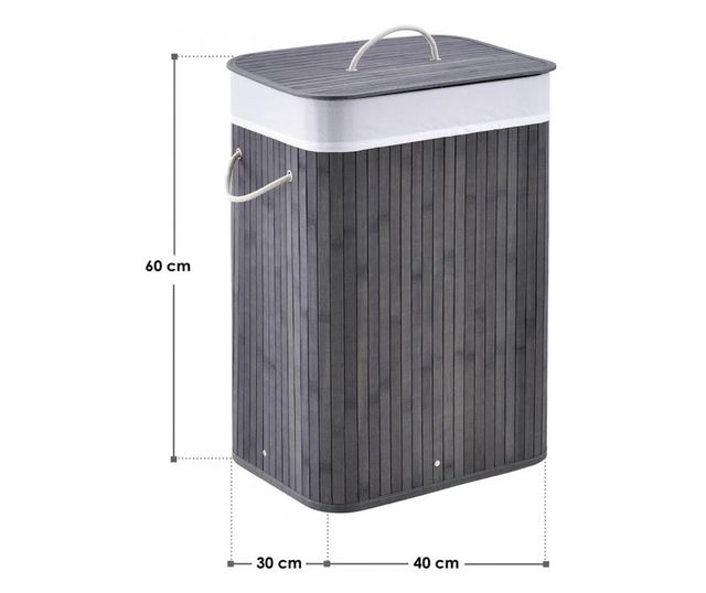 Cos pentru rufe, din bambus si material textil, 60 l, 40 x 30 x 50 cm, Grunberg BM023/GRI (gri)