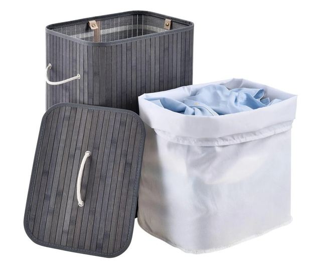 Cos pentru rufe, din bambus si material textil, 60 l, 40 x 30 x 50 cm, Grunberg BM023/GRI (gri)