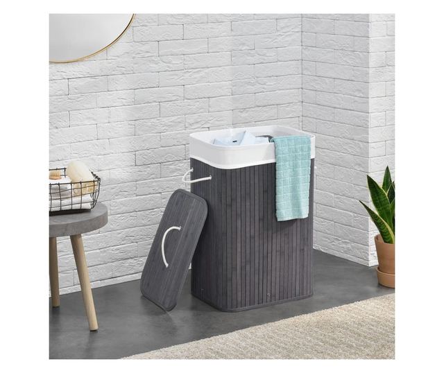 Cos pentru rufe, din bambus si material textil, 60 l, 40 x 30 x 50 cm, Grunberg BM023/GRI (gri)