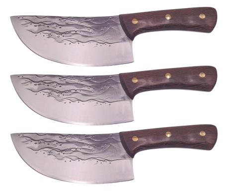 Három darabos IdeallStore® kézzel készített konyhakés készlet, Wave Blade, 28 cm, rozsdamentes acél, barna színben