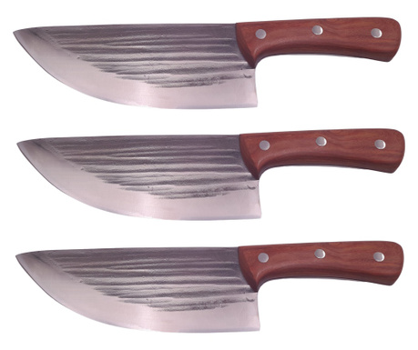 Комплект от три ръчно изработени кухненски ножа IdeallStore®, 31,5 см, неръждаема стомана, кафяв цвят