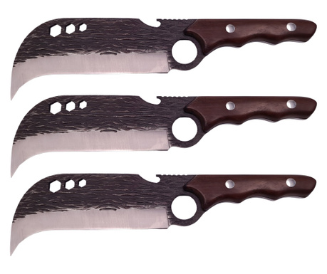IdeallStore® Комплект от три месарски ножа, ръчна изработка, 27,5 см, кафяв, кожена дръжка