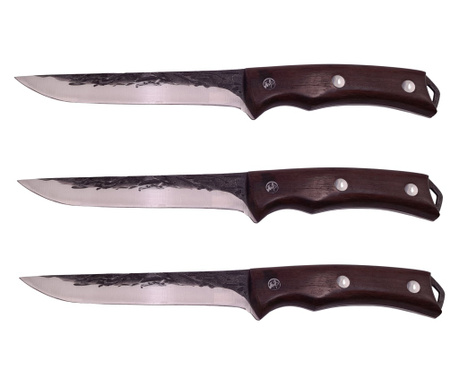 IdeallStore® Комплект от три месарски ножа, ръчна изработка, 27,5 см, кафяв, кожена дръжка включени