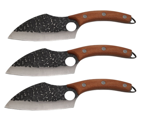 IdeallStore® Комплект от три месарски ножа, ръчна изработка, 27 см, дървена дръжка, кожена кания